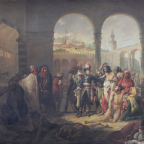 Antoine-Jean Gros’ Gemälde Bonaparte besucht die Pestkranken von Jaffa mit Napoleon im Zentrum eines überfüllten Lazaretts