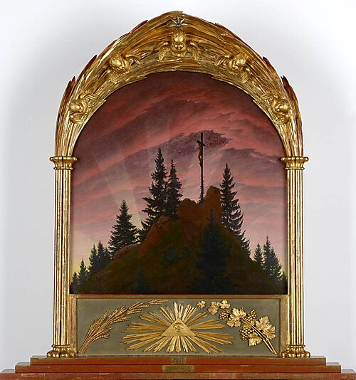 Caspar David Friedrichs Tetschener Altar mit einem Kruzifix auf einem bewaldeten Felsen vor dem rötlichen Abendhimmel