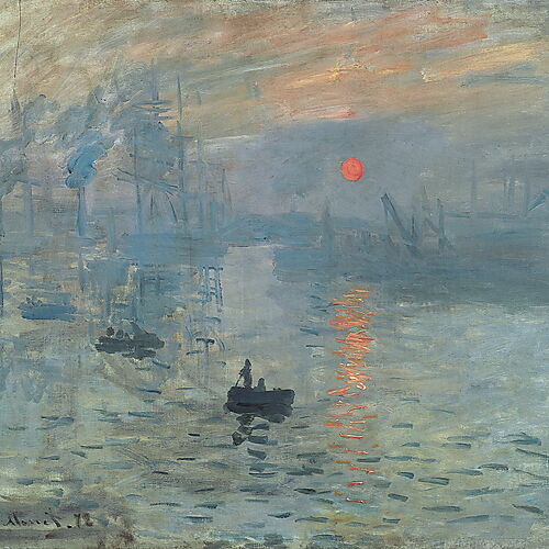 Zwei dunkle Ruderboote fahren durch den blaugrauen Hafen von Le Havre, während eine orangefarbene Sonne über Schiffsmasten und Kränen aufgeht.