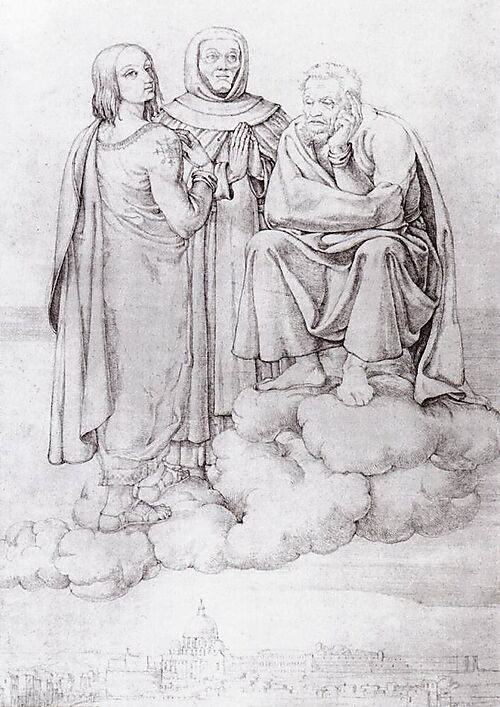 Raffael, Fra Angelico und Michelangelo schweben auf einer Wolke über Rom; unter ihnen sind Petersdom, Vatikan und Engelsburg zu erkennen.
