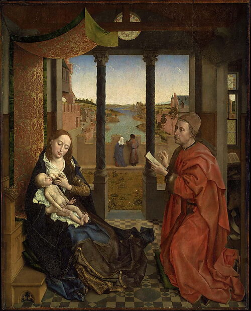 Der heilige Lukas kniet rechts und zeichnet die links sitzende Maria, die das Jesuskind stillt; dahinter öffnen sich Garten, Stadt und Flusslandschaft.