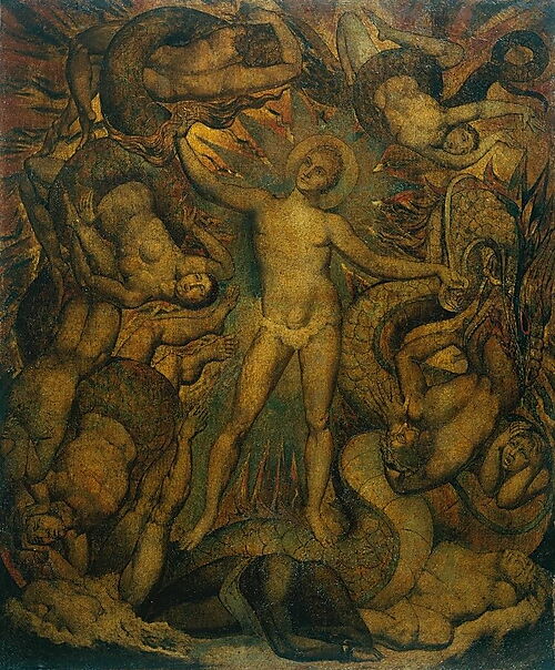 William Blakes visionäre Darstellung Admiral Nelsons als leuchtende Gestalt über dem gewundenen Meeresungeheuer Leviathan