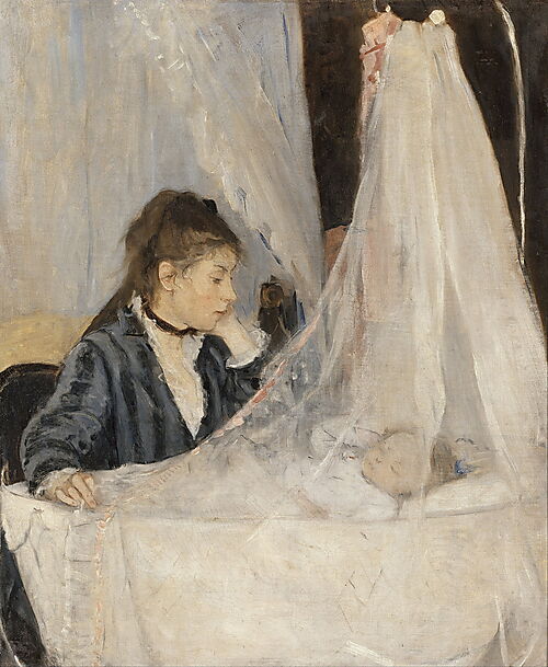 Berthe Morisot – Die Wiege, 1872 Gemälde „Die Wiege“ von Berthe Morisot: Eine sitzende Frau blickt durch einen weißen Schleier auf ein schlafendes Kind.