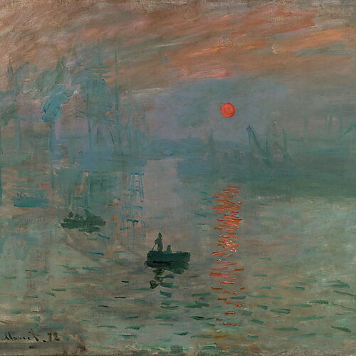 Claude Monets „Impression, Sonnenaufgang“ zeigt Ruderboote und eine orangefarbene Sonne im nebligen Hafen von Le Havre.