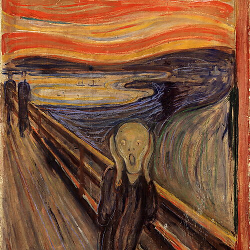 Edvard Munchs „Der Schrei“: Eine kaum bestimmbare Figur hält sich auf einer Brücke die Hände an den Kopf, während Himmel und Landschaft in roten und blauen Wellenlinien zu schwingen scheinen.