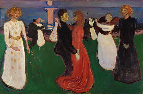 Edvard Munch: Der Tanz des Lebens, 1899–1900 Edvard Munchs Gemälde „Der Tanz des Lebens“ zeigt nachts tanzende Paare am Fjord; im Vordergrund stehen eine junge Frau in Weiß, ein Paar in Rot und Schwarz sowie eine ältere Frau in Schwarz.