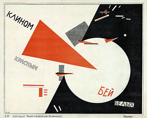 El Lissitzky: Schlagt die Weißen mit dem roten Keil!, 1919–1920 El Lissitzkys Plakat „Schlagt die Weißen mit dem roten Keil!“ zeigt ein rotes Dreieck, das in einen weißen Kreis eindringt, umgeben von schwarzen Formen und russischer Schrift.