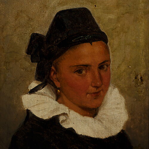 Gemaltes Porträt eines jungen Mädchens in historischer Tracht von Ernst Bosch aus dem Jahr 1878