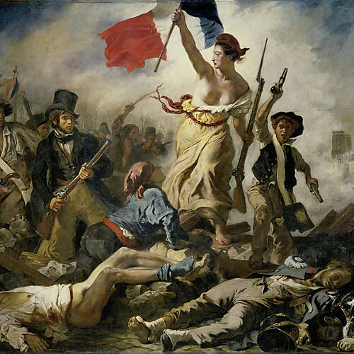 Eugène Delacroix: Die Freiheit führt das Volk, 1830 Eine Frauengestalt mit französischer Trikolore führt bewaffnete Aufständische über eine Barrikade, Gemälde von Eugène Delacroix aus dem Jahr 1830.