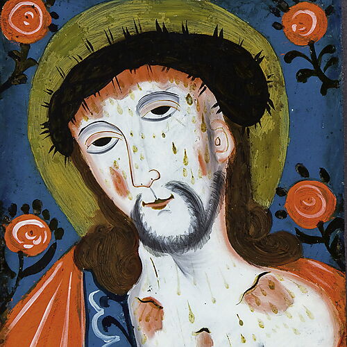 Bayerische Hinterglasmalerei als Inspiration Traditionelles religiöses Hinterglasbild mit der Darstellung des leidenden Christus, kräftigen Farben und deutlich begrenzten Formen.