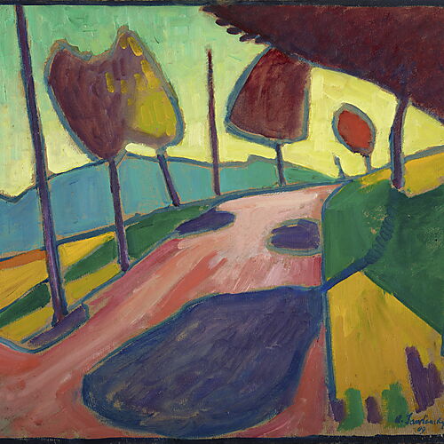 Alexej von Jawlensky – Murnauer Landschaft, 1909 Expressionistische Murnauer Landschaft von Alexej von Jawlensky mit leuchtenden Farbflächen, Bergen, Weg und rotem Baum.