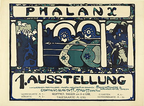 Blau-grünes Ausstellungsplakat der Künstlervereinigung Phalanx mit stilisierten Figuren und dem Schriftzug Phalanx