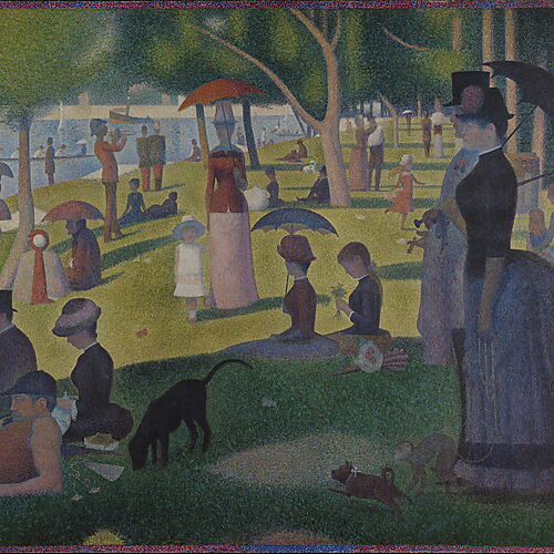 Georges Seurat: Ein Sonntagnachmittag auf der Insel La Grande Jatte (1884–1886) Elegant gekleidete Menschen sitzen und spazieren an einem sonnigen Seineufer in Georges Seurats Gemälde „Ein Sonntagnachmittag auf der Insel La Grande Jatte“.
