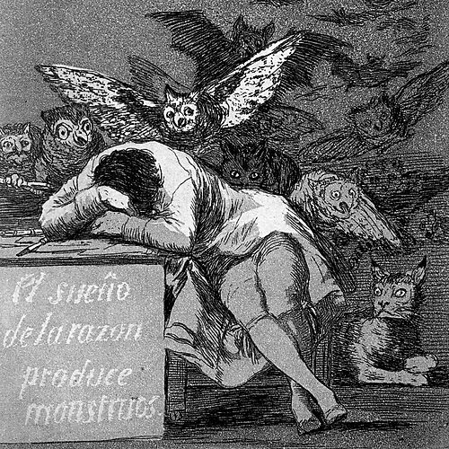 Francisco de Goyas Grafik „Der Schlaf der Vernunft gebiert Ungeheuer“ von 1799 zeigt einen schlafenden Mann, umgeben von Eulen und Fledermäusen.