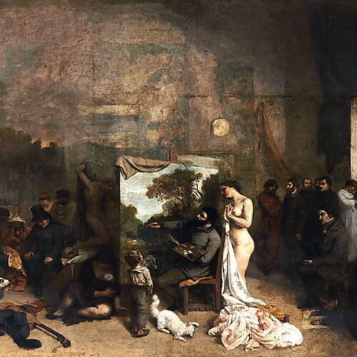 Gustave Courbet – Das Atelier des Künstlers, 1854–1855 Alt-Text: Gustave Courbet malt in seinem Atelier, umgeben von Modellen, Freunden und Figuren verschiedener Gesellschaftsschichten.