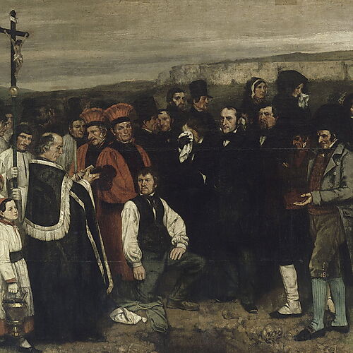 Gustave Courbets Gemälde „Ein Begräbnis in Ornans“ zeigt eine Dorfgemeinschaft versammelt um ein offenes Grab.