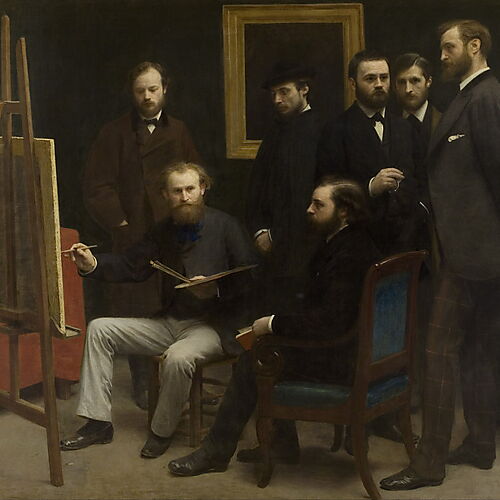 Henri Fantin-Latour – Ein Atelier in Batignolles, 1870 Édouard Manet malt im Atelier, umgeben von Auguste Renoir, Émile Zola, Frédéric Bazille, Claude Monet und weiteren Weggefährten.