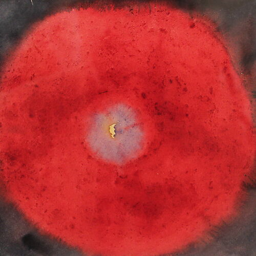Hilma af Klint: Birke, 1922 Abstraktes Aquarell Hilma af Klints mit einem großen weich leuchtenden roten Farbfeld vor einem dunklen grau-schwarzen Hintergrund.
