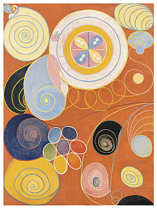 Hilma af Klint: Die zehn Größten, Nr. 3 – Jugend Abstraktes Gemälde von Hilma af Klint in leuchtenden Orange-, Gelb-, Blau- und Rosatönen mit Kreisen, Spiralen und floralen Formen.
