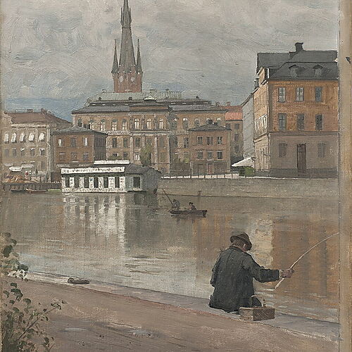 Die Königliche Kunstakademie in Stockholm Gemalte historische Ansicht der Königlichen Kunstakademie in Stockholm am Wasser mit einem Angler im Vordergrund.