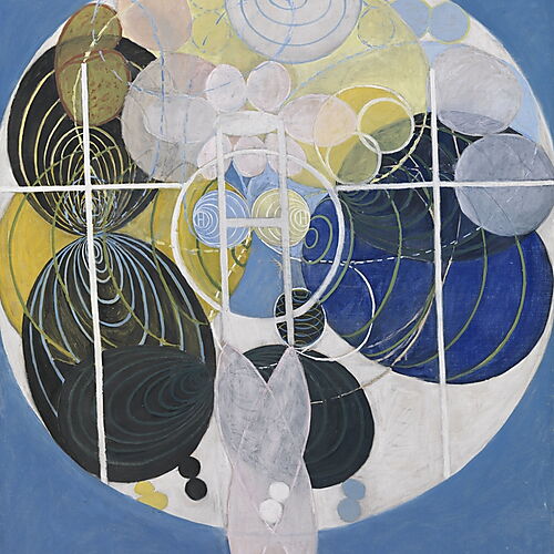 Hilma af Klint: Der Schlüssel zu allen bisherigen Arbeiten, 1907 Kreisförmige abstrakte Komposition Hilma af Klints in Blau, Gelb, Schwarz und Weiß mit zahlreichen Spiralen, Linien und ovalen Formen.