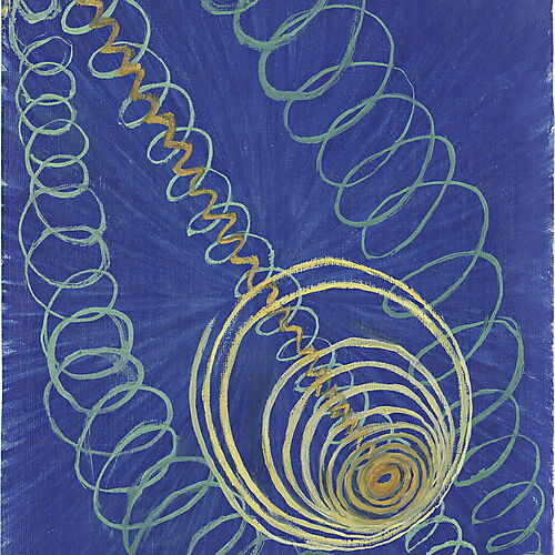Abstraktes Gemälde von Hilma af Klint auf tiefblauem Grund mit grünen und gelben Spiralen, die sich zu einer großen Kreisform verdichten.
