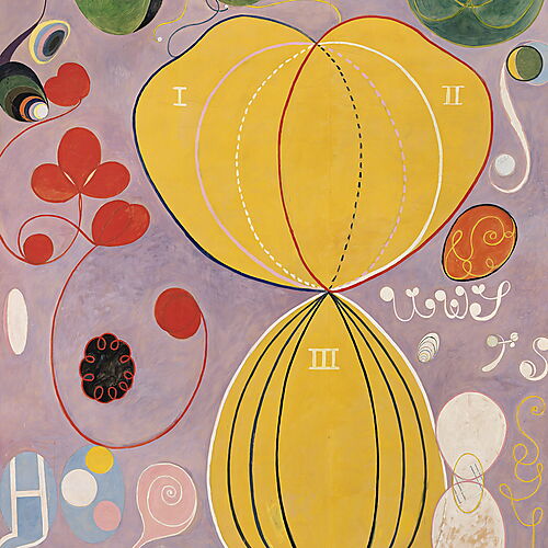 Hilma af Klint: Die zehn Größten, Nr. 7 – Erwachsenenalter Monumentales abstraktes Gemälde auf violettem Grund mit zwei großen gelben Formen, grünen Kreisen, Spiralen und roten Pflanzenmotiven.
