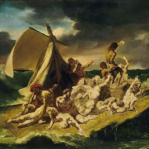 Théodore Géricault: Das Floß der Medusa, 1818–1819 Schiffbrüchige auf einem notdürftig gebauten Floß winken einem fernen Rettungsschiff zu, Gemälde von Théodore Géricault, 1818 bis 1819.