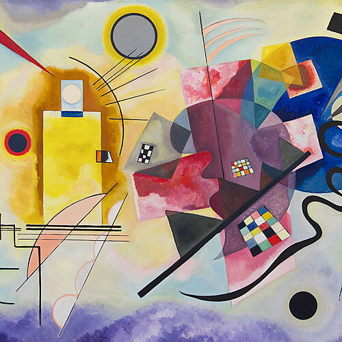 Wassily Kandinsky – Gelb-Rot-Blau, 1925 Gelbe und rote Flächen, ein großer blauer Kreis und geschwungene schwarze Linien in Kandinskys „Gelb-Rot-Blau“.