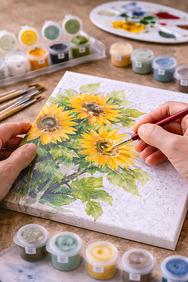 Nahaufnahme: Hände malen mit einem feinen Pinsel ein Sonnenblumen-Motiv auf einer Malen-nach-Zahlen-Leinwand; Farbtöpfchen und Pinsel liegen auf dem Tisch.