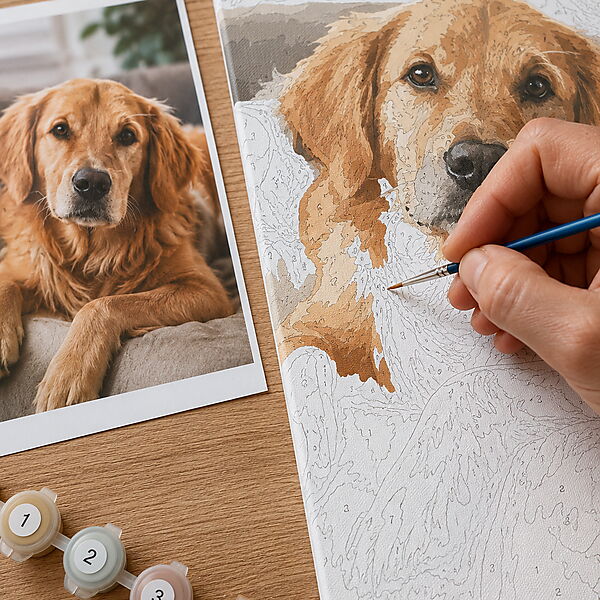 Hand malt mit einem feinen Detailpinsel an einer personalisierten Malen-nach-Zahlen-Leinwand eines Hundes; daneben liegt das Originalfoto.