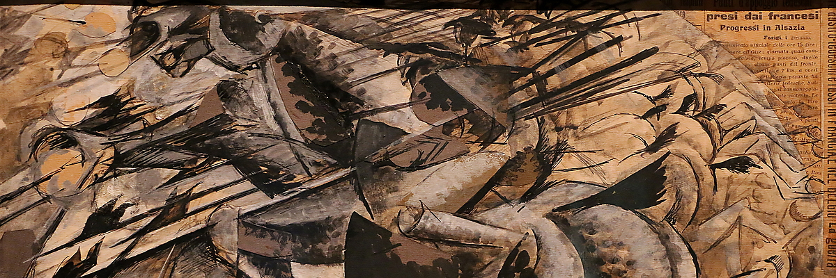 Umberto Boccioni, Carica di lancieri, Tempera und Collage auf Karton, 1915