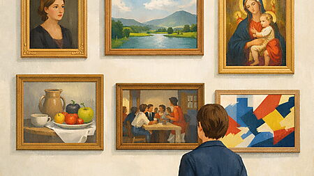 Eine Person betrachtet in einem hellen Museumsraum mehrere gerahmte Bilder verschiedener Bildgattungen, darunter Porträt, Landschaft, Stillleben, Alltagsszene, religiöses Motiv und abstrakte Kunst.