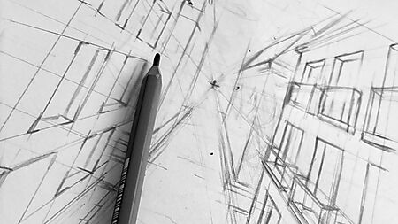 Architekturskizze mit perspektivischen Linien und räumlichem Bildaufbau auf Papier.