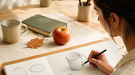 Erwachsene Person zeichnet Tasse, Buch, Apfel und Blatt und übt dabei einfache Grundformen im Skizzenbuch.