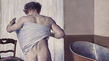 Gustave Caillebottes Gemälde „Mann im Bad“ mit einem unbekleideten Mann in einem privaten Badezimmer