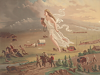 John Gasts Allegorie zeigt eine schwebende Frau mit Schulbuch und Telegraphendraht über Siedlern, Eisenbahnen, indigenen Menschen und Bisons.