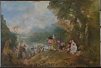 Antoine Watteaus „Einschiffung nach Kythera“ mit elegant gekleideten Paaren, einer Venusstatue und schwebenden Putten in einer Landschaft.
