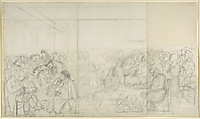 Bleistiftentwurf von Carl Philipp Fohr mit zahlreichen Künstlern in mehreren Gruppen im römischen Café Greco.