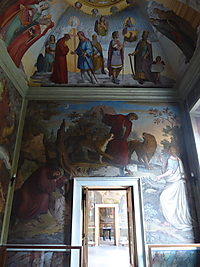 Blick in das mit Fresken ausgestattete Dante-Zimmer des Casino Massimo in Rom mit Wandbildern von Joseph Anton Koch und einem Deckengemälde von Philipp Veit.