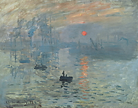 Zwei dunkle Ruderboote fahren durch den blaugrauen Hafen von Le Havre, während eine orangefarbene Sonne über Schiffsmasten und Kränen aufgeht.