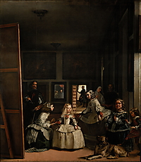 Diego Velázquez steht in Las Meninas links an einer großen Leinwand, während die Infantin Margarita mit Hofangehörigen und Bediensteten den Raum füllt.