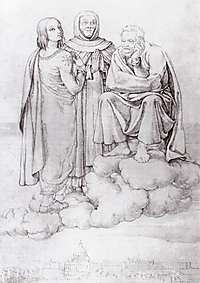 Raffael, Fra Angelico und Michelangelo schweben auf einer Wolke über Rom; unter ihnen sind Petersdom, Vatikan und Engelsburg zu erkennen.