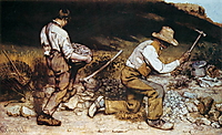Gustave Courbets „Die Steinklopfer“ zeigt einen knienden älteren und einen jüngeren Arbeiter bei schwerer Straßenarbeit zwischen Steinen und Werkzeugen.
