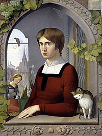 Franz Pforr in roter altdeutscher Kleidung an einem weinumrankten gotischen Fenster, mit Katze und einer lesenden Frau im Hintergrund.