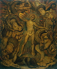 William Blakes visionäre Darstellung Admiral Nelsons als leuchtende Gestalt über dem gewundenen Meeresungeheuer Leviathan