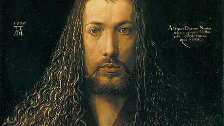 Albrecht Dürer blickt in seinem frontal angelegten Selbstbildnis von 1500 direkt aus dem Bild und hält eine Hand vor seinen pelzbesetzten Rock.
