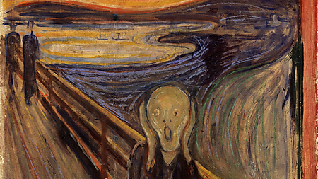 Edvard Munchs „Der Schrei“: Eine kaum bestimmbare Figur hält sich auf einer Brücke die Hände an den Kopf, während Himmel und Landschaft in roten und blauen Wellenlinien zu schwingen scheinen.
