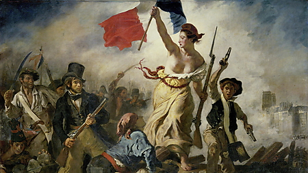 Eine Frauengestalt mit französischer Trikolore führt bewaffnete Aufständische über eine Barrikade, Gemälde von Eugène Delacroix aus dem Jahr 1830.