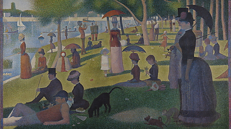 Elegant gekleidete Menschen sitzen und spazieren an einem sonnigen Seineufer in Georges Seurats Gemälde „Ein Sonntagnachmittag auf der Insel La Grande Jatte“.